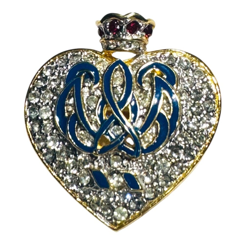 Orient Express Crown Heart Clear Rhinestone Blue Enamel Brooch
